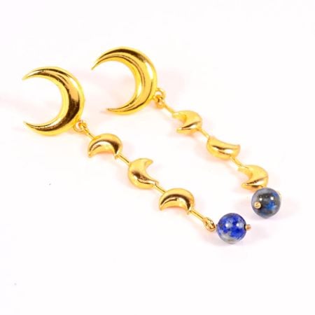Brass 18k Gold Plated Crescent Moon Dangle Earrings with Lapis Gemstone Gift Jewelry